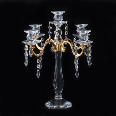 China Eco-Friendly Luxury Elegant Beautiful 5AM Clear Transparent Candelabras With Gold Metal Assembly Wedding Centerpieces Table Decoration for sale