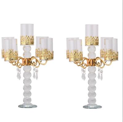 China Luxury Europe 5 Heads Candle Holder Wedding Centerpiece Flower Bowl With Clear Crystal Candelabra Pendants Candelabra With Windshield for sale