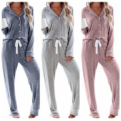 China High Quality QUICK DRY Pure Color Long Sleeve Buttons Cotton Women Home Service Sleepwear Set 2 Piece Pajamas for sale