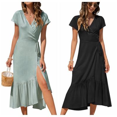 China 2021 Lady New Product Short Sleeve Dress Summer Anti-wrinkle V-Neck Chiffon Simple Slim Dress Women Long Sleeve Dress for sale