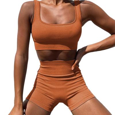 China 2021 Custom Women's Breathable Solid Color Ribbed Biker Yoga Seamless Two Piece Printed Short Set Woman for sale