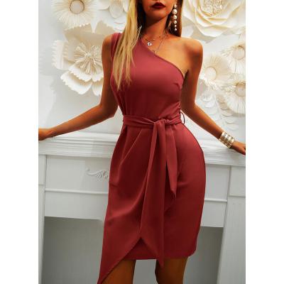 China Wholesale X-Mier Sleeveless Irregular Midi Formal Dress One Shoulder Anti-Static Elegant Slim Fits Dresses With Tie Waistband Women Even for sale