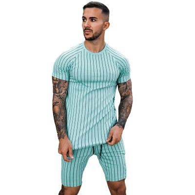 China 2021 Breathable New Men's Tracksuit 2 Pieces Pin Stripe Fitted Summer Custom Matching Shorts Twin T-shirt Set for sale