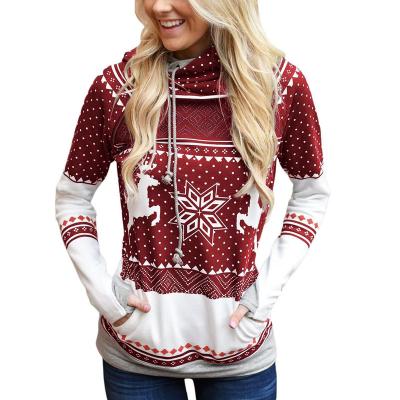 China Anti Wrinkle Women Christmas Zipper Printing Hooded Pocket Finger Pullover Streetwear Sweatshirt for sale