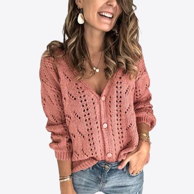 China 2021 New Arrival Autumn Fashion Solid Color V-Neckline Anti-pilling Long Sleeve Hollow-out Cardigan Women's Anti-pilling Casual Sweater for sale