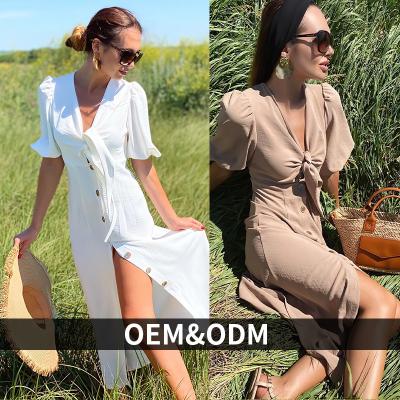 China ODM&OEM Breathable Women's Breathable Factory White Deep V-Neck Breath Sleeve Side Split Linen Cotton Long Dress for sale