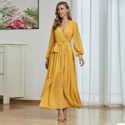 China 2022 OEM Custom Anti-static Fashion Maxi Dress Women Elegant Summer Ruffle Lady Chiffon Long Sleeves Anti-Static Casual Outfits for sale