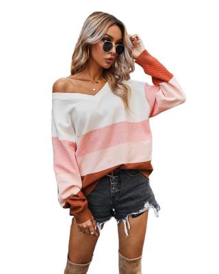 China 2021 Breathable Loose Spring Women's Rainbow Long Sleeve V-Neck Knit Top Casual Women's Sweaters for sale