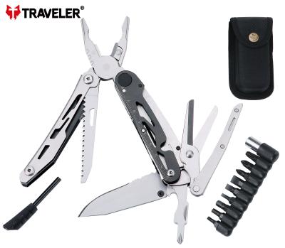 China Stainless Steel Multitool, TRAVELER Camping Accessories Pliers with Knife Fire Starter Saw Screwdrivers Whistle Bottle Opener for sale