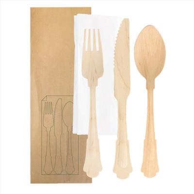 China 200 Mm Disposable Biodegradable Wooden Knife Fork Spoon Napkin Wrapped Kraft Paper Individual Package for sale