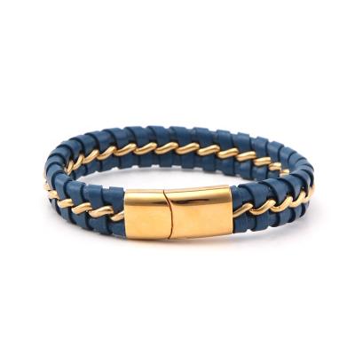 China Wholesale CLASSIC Stainless Steel Chain Jewelry Mens Blue Leather Bracelet 2019 for sale