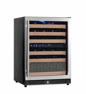 China Front Venting 54 Bottle Unit Led Light Wine Cabinet Double Zone With Wooden Shelves for sale