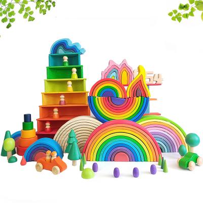 China DIY 3D Wooden Toys Rainbow Building Blocks Large Size For Children Kids for sale