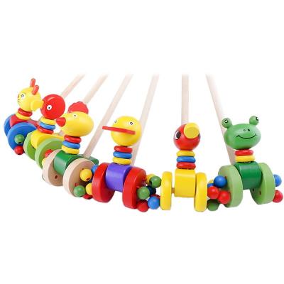 China Kids Wooden Cartoon Animals Trolley Car Wood Pushing Toy Random Color for sale