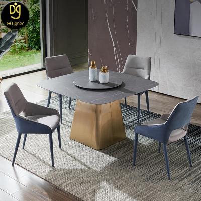 China (Other) DG Adjustable Modern Chinese Designs Dining Room Furniture Set 8 Seater With 6 Chairs Gold Extendable Dining Table Set for sale