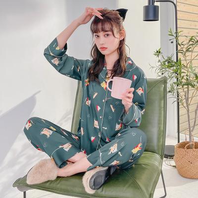 China New Arrival Girl Sleepwear Luxury Custom QUICK DRY Hooded Milk Silk Satin Women 2 Pieces Long Sleeve Solid V-Neck Pajamas Sets Cartoon for sale