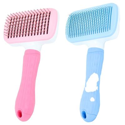 China Stocked Pet Grooming Tool Cat Hair Remover Dog Self Cleaning Mold Buffer Massage Brush Stainless Steel Automatic Needle Comb for sale