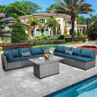 China Proof\Eco-Friendly\Weather Resistant\Water Resistant Customized 9 Pcs Gray PE Rattan Wicker Garden Chairs And Outdoor Sofa Sets for sale