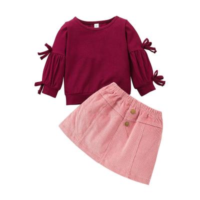 China 2021 Spring Autumn Baby Girls Clothing Spring Long Sleeve Solid Color Pullover Sweatshirt Corduroy Skirt 2pcs Kids Clothes Long for sale