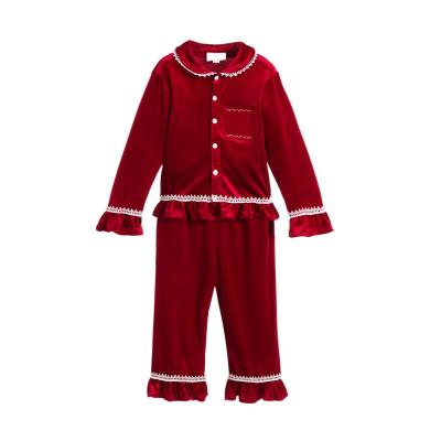 China Breathable Baby Kids Pj Set Winter Sleepwear Lace Trim Red Soft Velvet Pajamas Kids Girl Pajamas for sale