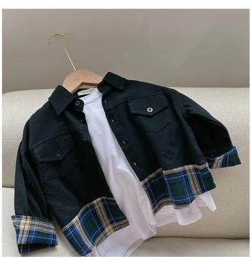 China Winter Breathable Kids Clothes Little Baby Boys T-shirts Tops Patch Plaid Black Casual Kids Clothes Wholesale for sale