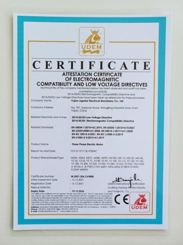 CE - Fujian Agestar Electrical Machinery Co., Ltd