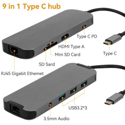 China plug & Play Usb C Hub Type C Hub 9 In 1 USB-C Dock Adapter With 4k Hd Output PD Charging 3* SD Tf Card Reader Usb Ethernet 3.0 for sale