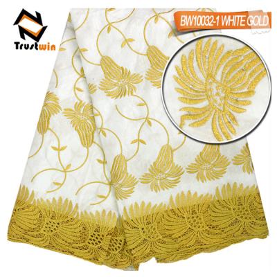 China New style anti-static embroidery bazin riche 100% cotton fabric with cord lace for sale