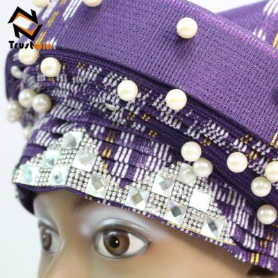 China New hot sale style fashion aso oke headtie beaded with pearls for sale