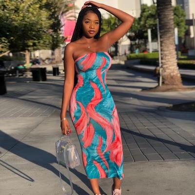 China Anti-wrinkle spring and summer colorful tie dyed print dress sleeveless women off the shoulder wrap chest dress for sale