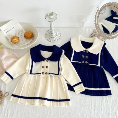 China Autumn Winter Infant Pleated Sweater Breathable Knitted Sailor Collar Gown Little Girls Dresses Contrast Color Baby Long Sleeve Dress for sale