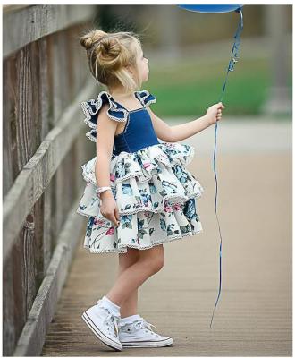 China Breathable Kids Use Dress Summer Tie Sleeveless Skirt Lace Up Floral Print Baby Princess Cake Layers Dress Toddler Girls Denim Dress for sale