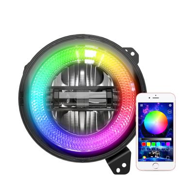 China Die Cast Alminum RGB Halo Round Diamond Headlight Jl High Low Beam With Halo Ring Led Lamp 9 Inch RGB Halo Headlamp for sale