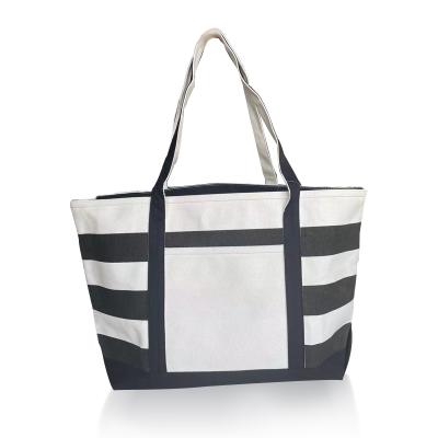 China Latest Design Cotton Tote Canvas Stripe Custom Printed Premium Fashionable Beach Bags Canvas Shopping Bag for sale