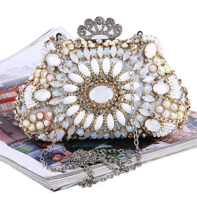 China Pu+satin+rhinestone customized satin perfect luxury rhinestone personality lady prom crown white dinner bag for sale