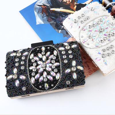 China Quality Guarantee Wholesale Ladies Luxury Black White Rectangular Flower Satin Rhinestone+rhinestone+beads Rhinestone Beads Clutch Dinner Bag for sale