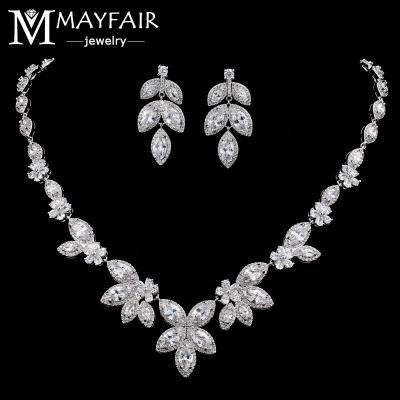 China MAYFAIR FASHION Luxury Shiny Flower Zircon Brides Wedding Zircon Set Leaf Crystal Necklace Earrings Women Jewelry Sets for sale