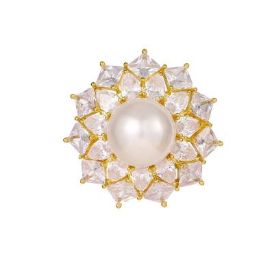 China MAYFAIR Brass Luxury Zircon Big Round Pearl Brooches Women Flower Shape Weddings Brooch Pins Mom Daughter Gifts for sale