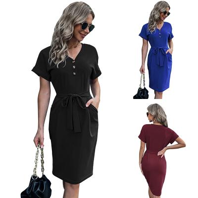 China Latest Breathable V-Neck Belted Casual Elegant Summer Pencil Dresses For Women Lady for sale