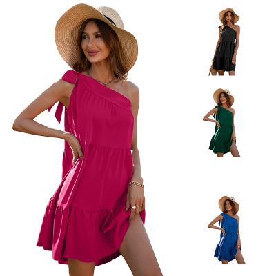 China Summer Trending Casual Women's Breathable Solid Color One Shoulder Ruffle Dresses for sale