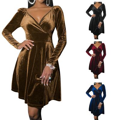 China Washable One Piece Velvet Women Dress Long Sleeve Evening Dress Elegance Woman Dress for sale