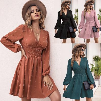 China 2022 Summer Women's Swiss Stitch Wholesale Casual V-Neck Long Sleeve Breathable Women's Dress for sale