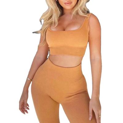 China Breathable Workout Sets Women 2 Piece Yoga Fitness Clothes Seamless Ribbed Knitting Activewear Yoga Set for sale