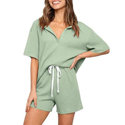 China New Fashion Women's Two Piece Sleepwear Breathable Summer Ribbed Cotton Set Short Loungewear for sale