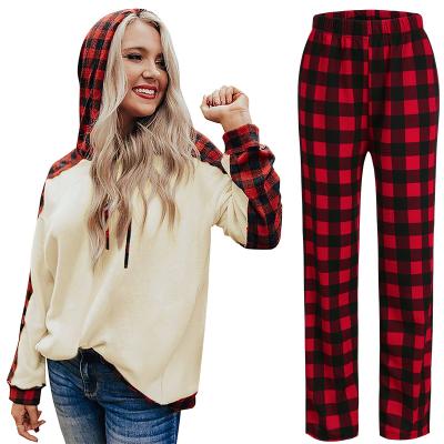 China Dropshipping Nice Breathable Red Black Women Two Piece Fashionable Plaid Long Sleeves Sweater Hoodies Pants Christmas Pajamas Set for sale