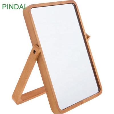 China Double Sided Rectangle Pocket Folding Solid Wood Frame Make Up Table Mirror for sale