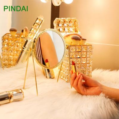 China Double Sided Make Up Vanity Dressing Room Mirror Table Stand Metal Gold Rectangle Home Decor Mirror for sale