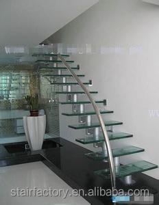 China Simple and elegant design of indoor adjustable stringer staircase, tempered glass treads, L-441 for sale