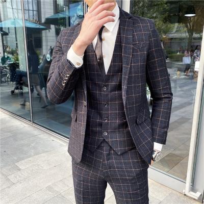 China Breathable Male Formal Wear Slim Groom Dress Suit Business Casual Suits Men Plaid Wedding Dress Suits Jackets+Pants+Vest Tailored Suit Sets for sale