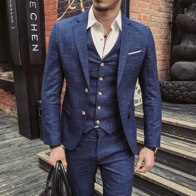 China High Quality Blue Plaid Mens Blazers 3 Pieces Breathable Wedding Formal Wear Suits Formal Dress Suits Blazer Jackets+Pants+Vest Male Suits for sale